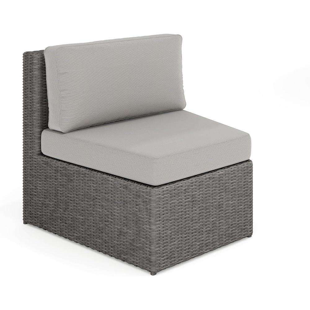 imageMartha Stewart Bedford IndoorOutdoor Modular Patio Curved Sectional Sofa Seats with Rattan Wicker Finish in Gray with Gray AllWeather Cushions Set of 2Gray CushionsGray Frame