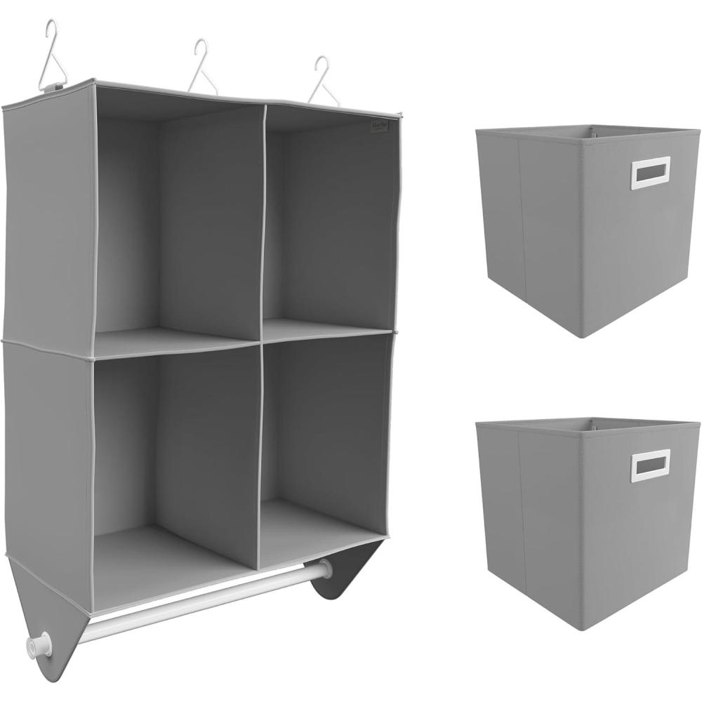 imageMartha Stewart Essential Closet Home Storage and Organization for Storing Sweaters Blankets Handbags Hanging Shirts Accessories 4Shelf Hanging Organizer with 2 Craft Cubes Stone