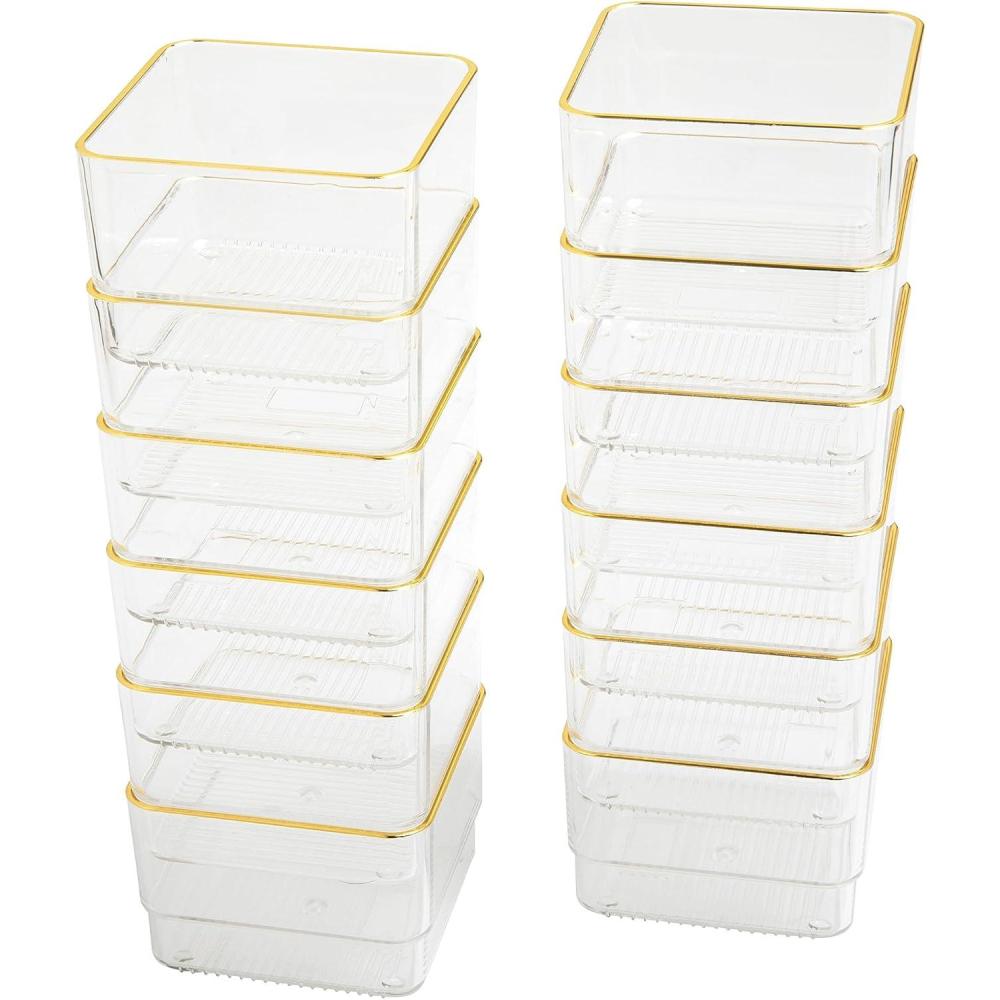 imageMartha Stewart Kerry Plastic Stackable Office Desk Drawer Organizers 6 x 3 6 Pack with Gold Trim3 x 3