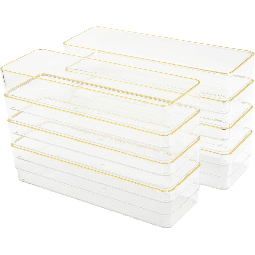 imageMartha Stewart Kerry Plastic Stackable Office Desk Drawer Organizers 6 x 3 6 Pack with Gold Trim9 x 3