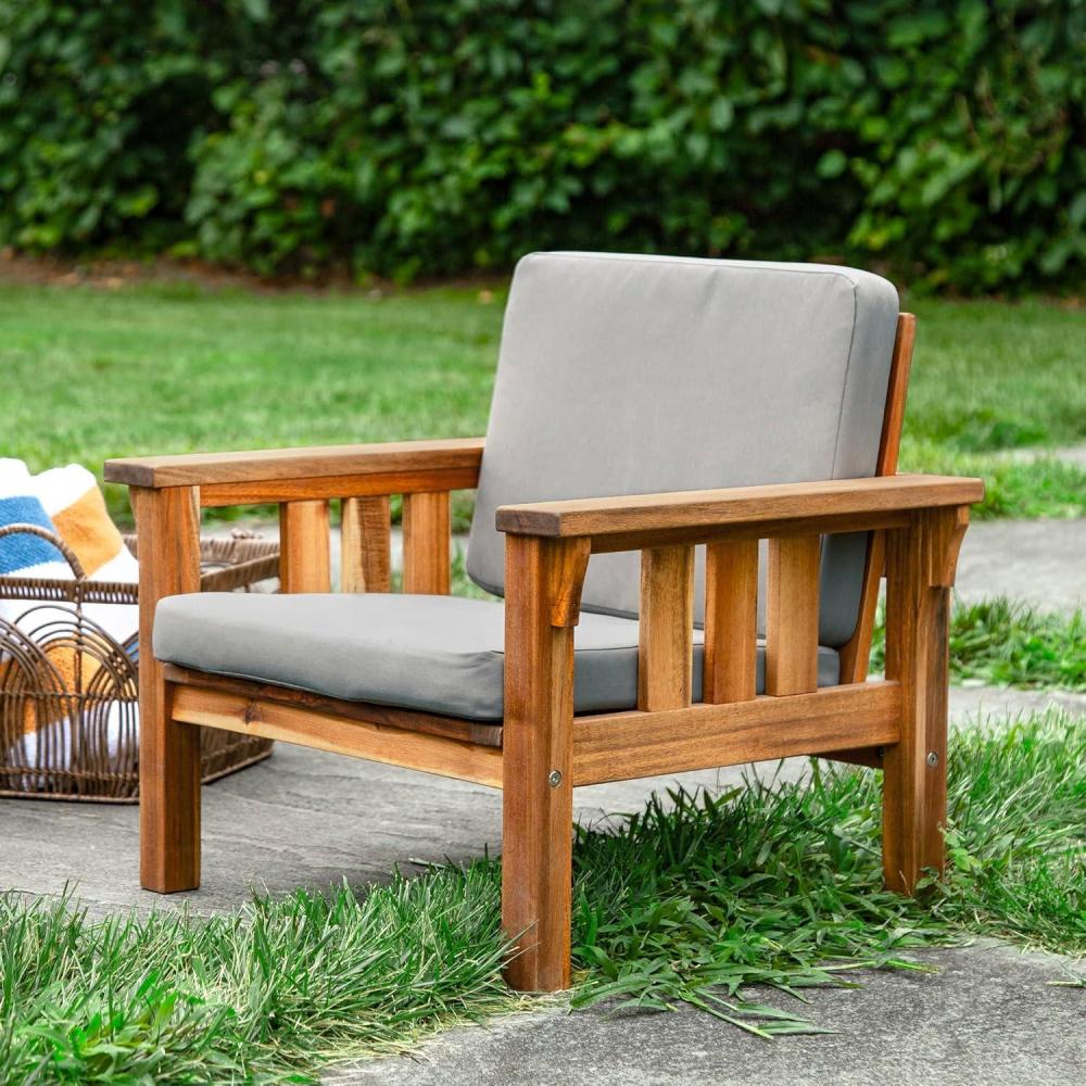 imageMartha Stewart Kids Outdoor Chair Natural Acacia Wood Chair for Kids wGray Polyester Cushions 10 Seat Height Montessori Furniture for Backyard Patio and Outdoor Play amp Learning Environments