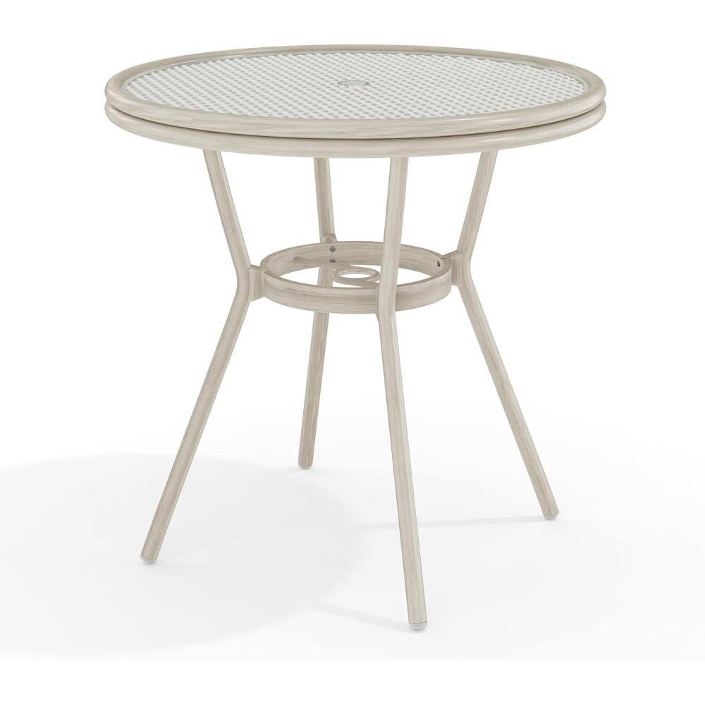 imageMartha Stewart Lily Pond 31 Round IndoorOutdoor Bistro Dining Table with Aluminum Frame in Gray Woodgrain and Rattan Top in WhiteGray with Tempered Glass TopGray WhiteGray Frame