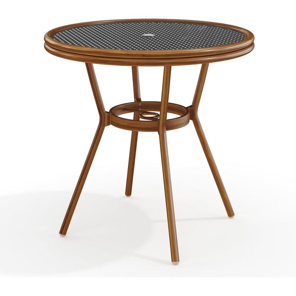 imageMartha Stewart Lily Pond 31 Round IndoorOutdoor Bistro Dining Table with Aluminum Frame in Gray Woodgrain and Rattan Top in WhiteGray with Tempered Glass TopBlack WhiteNatural Frame