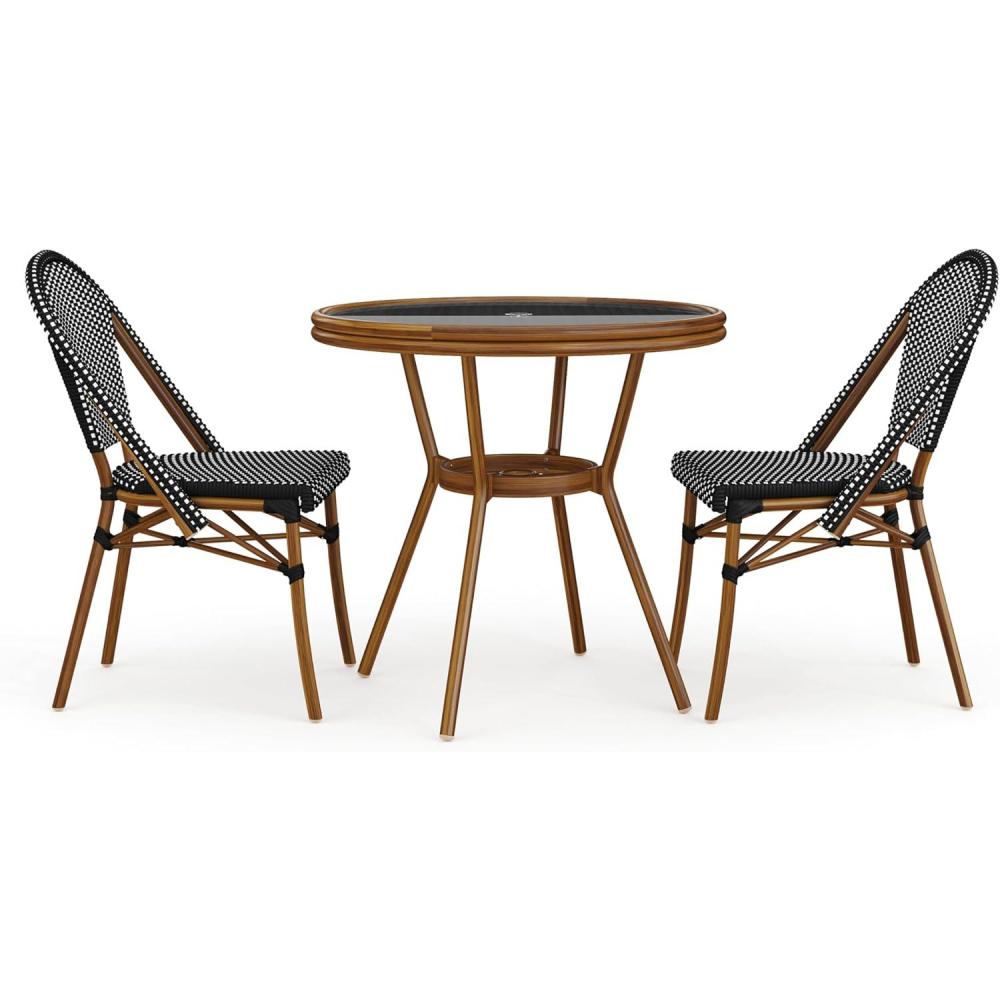 imageMartha Stewart Lily Pond 5 Piece IndoorOutdoor Navy and White Woven Rattan Bistro Set with Natural Woodgrain Aluminum Frames and Tempered Glass TabletopBlack WhiteNatural Frame