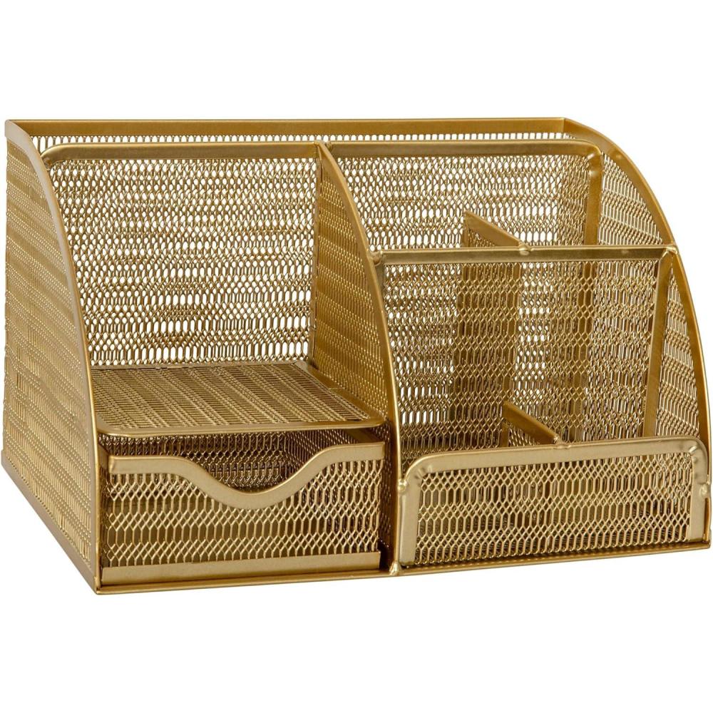 imageMartha Stewart Ryder Gold Mesh Metal Small Desktop Organizer for Office Accessories Notebooks Pen Holder and Drawer