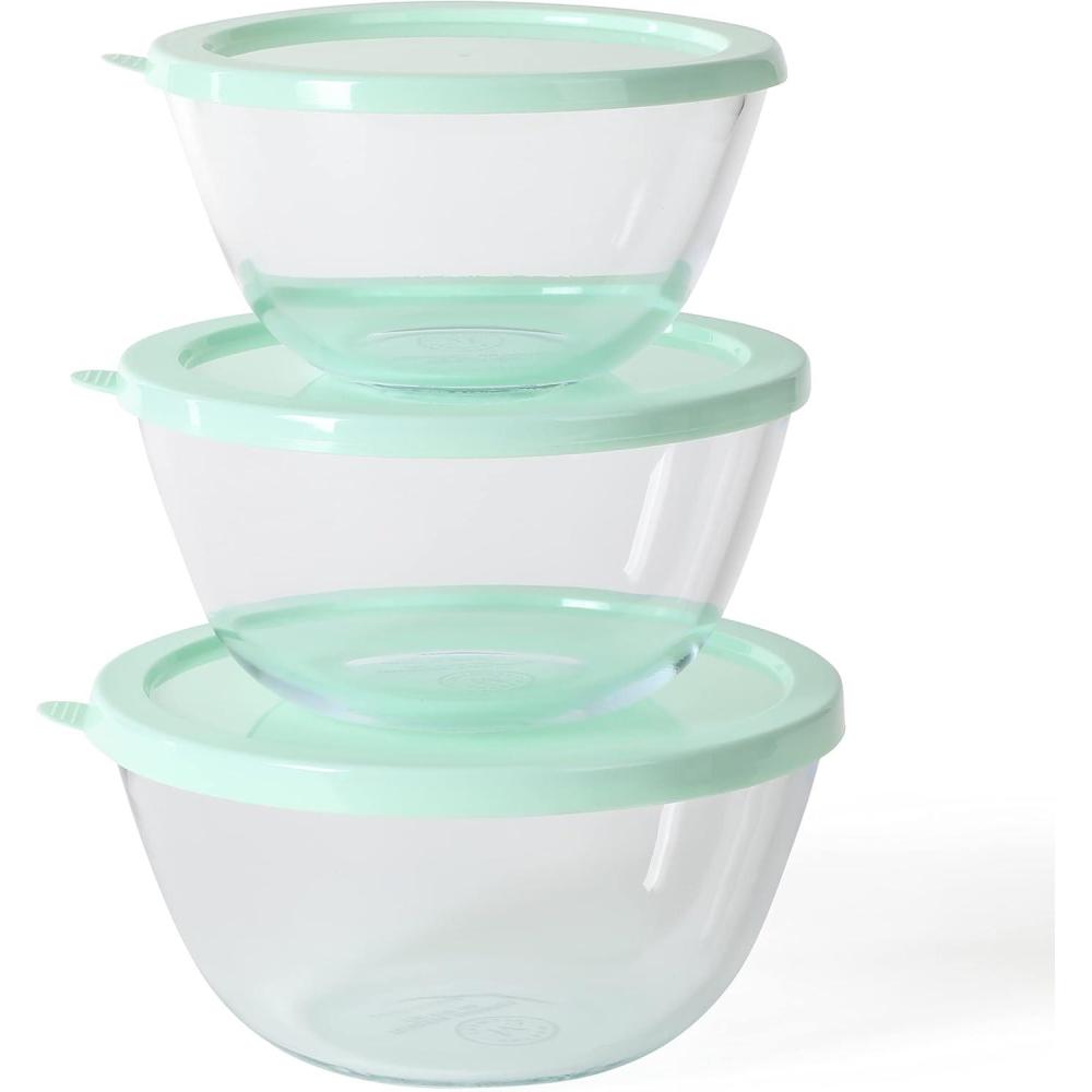 imageMartha Stewart Summersol 6 Piece 676 oz 507 oz 338 oz Borosilicate Glass Mixing Bowl wPP Martha Blue Lids