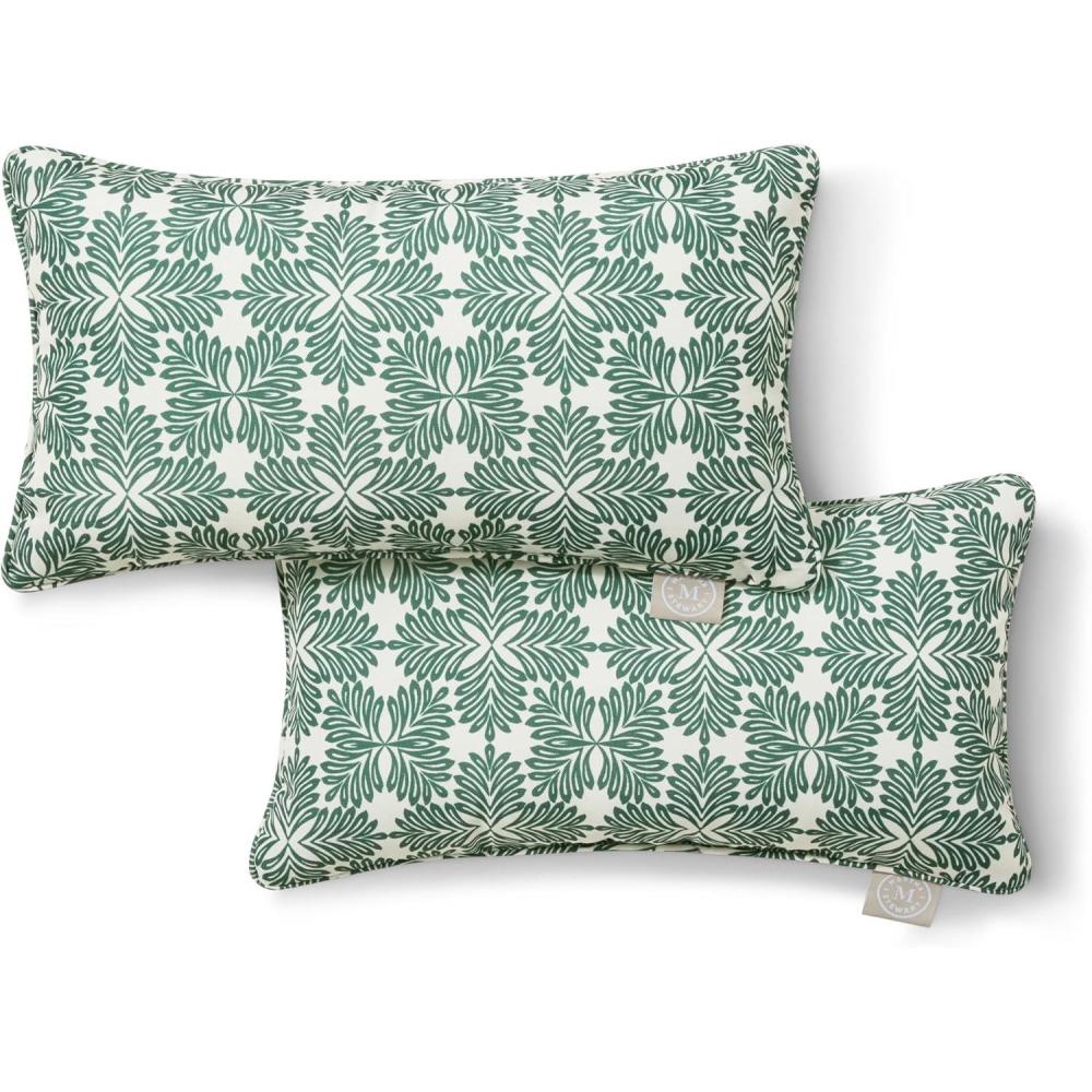 imageMartha Stewart Tulum Indoor Outdoor Decorative Lumbar Pillow 2Pack Set UV Fade Resistant Water Repellent Printed Modern Design Taupe 11x18Green