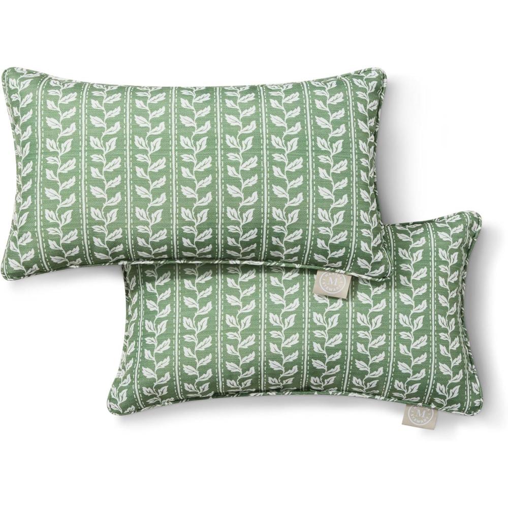 imageMartha Stewart Vineyard Vines Indoor Outdoor Decorative Lumbar Pillow 2Pack Set UV Fade Resistant Water Repellent Printed Garden Design Warm Grey 11x18Green