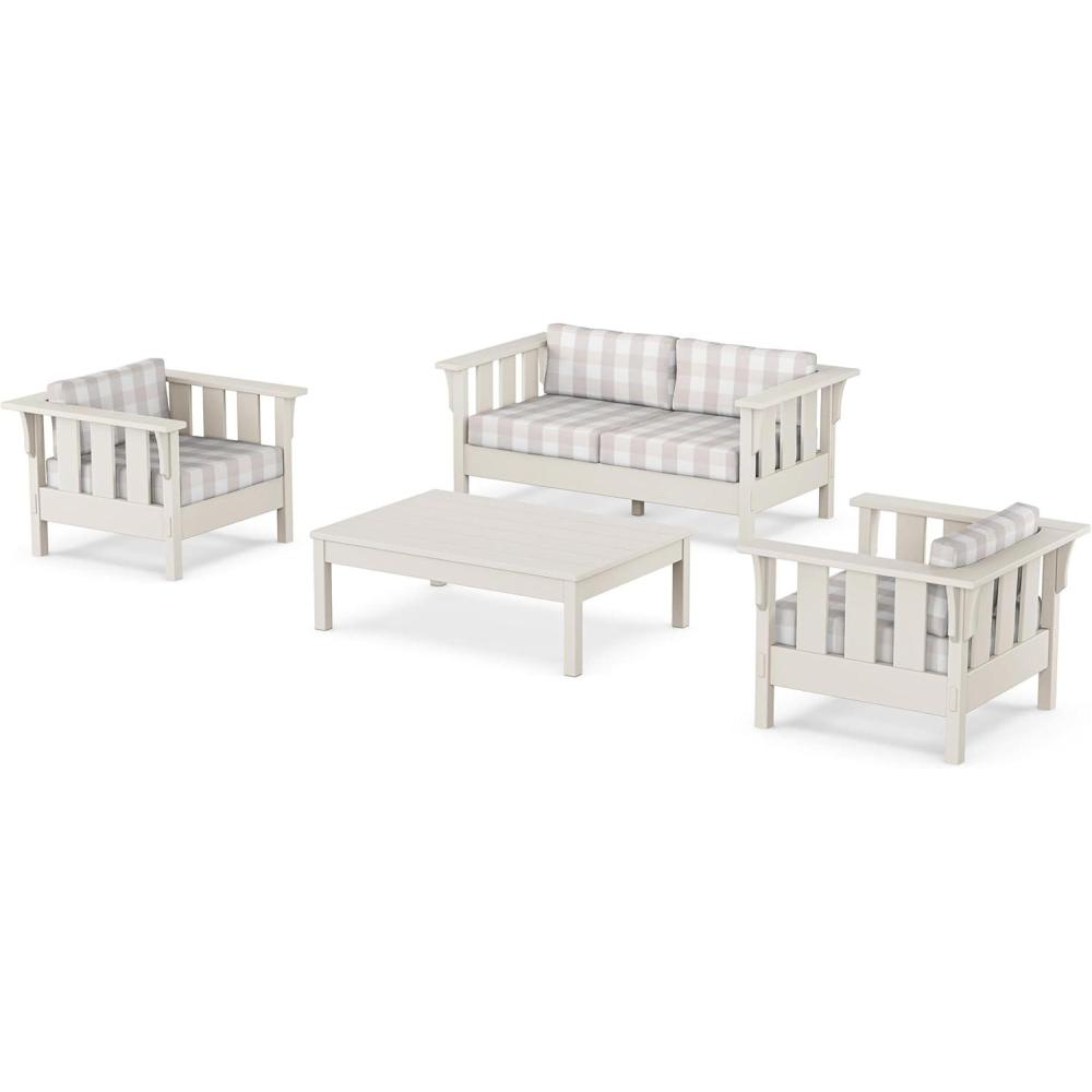 imageMartha Stewart by POLYWOOD Acadia 4Piece Deep Seating Set with Loveseat in TeakDune BurlapSand Buffalo Plaid Dune Burlap