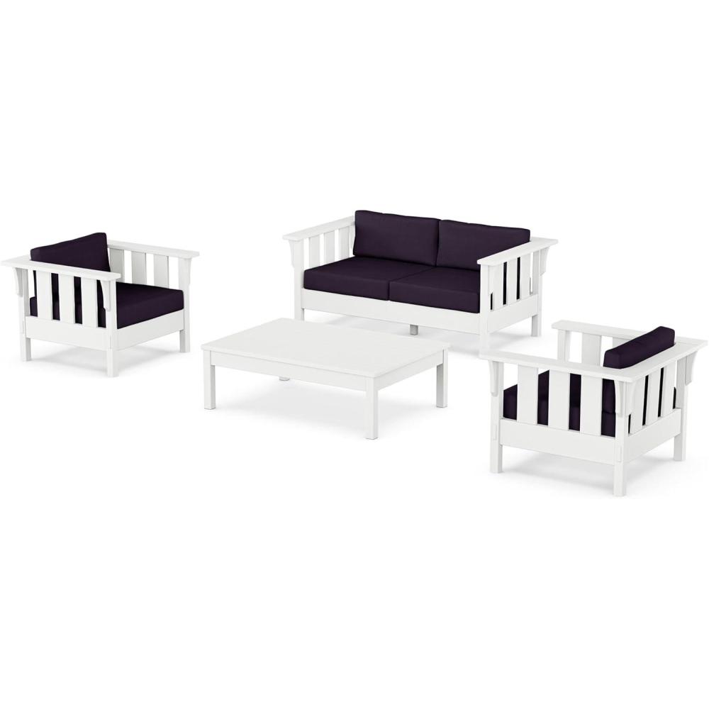 imageMartha Stewart by POLYWOOD Acadia 4Piece Deep Seating Set with Loveseat in TeakDune BurlapWhite Navy Linen