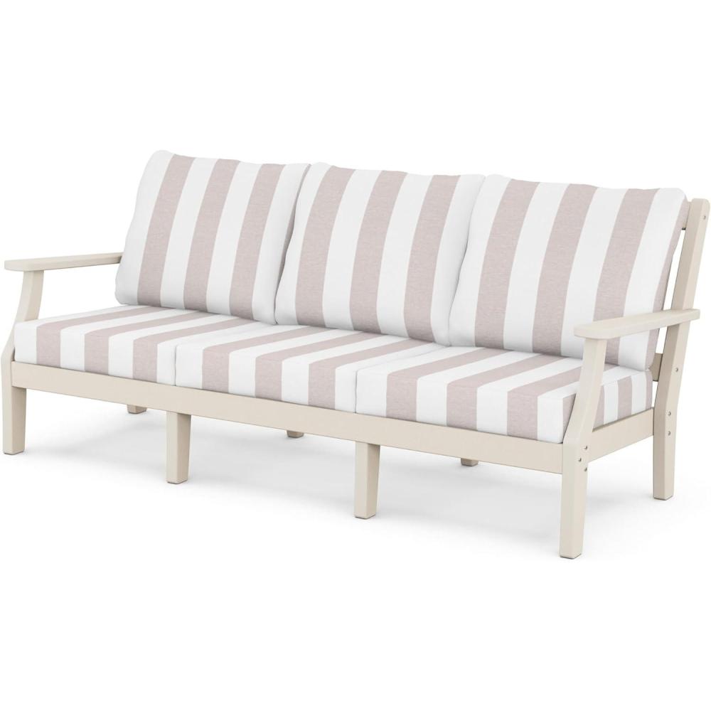 imageMartha Stewart by POLYWOOD Chinoiserie Deep Seating Sofa in WhiteGlacier SpaSand Cabana Stripe Dune Burlap