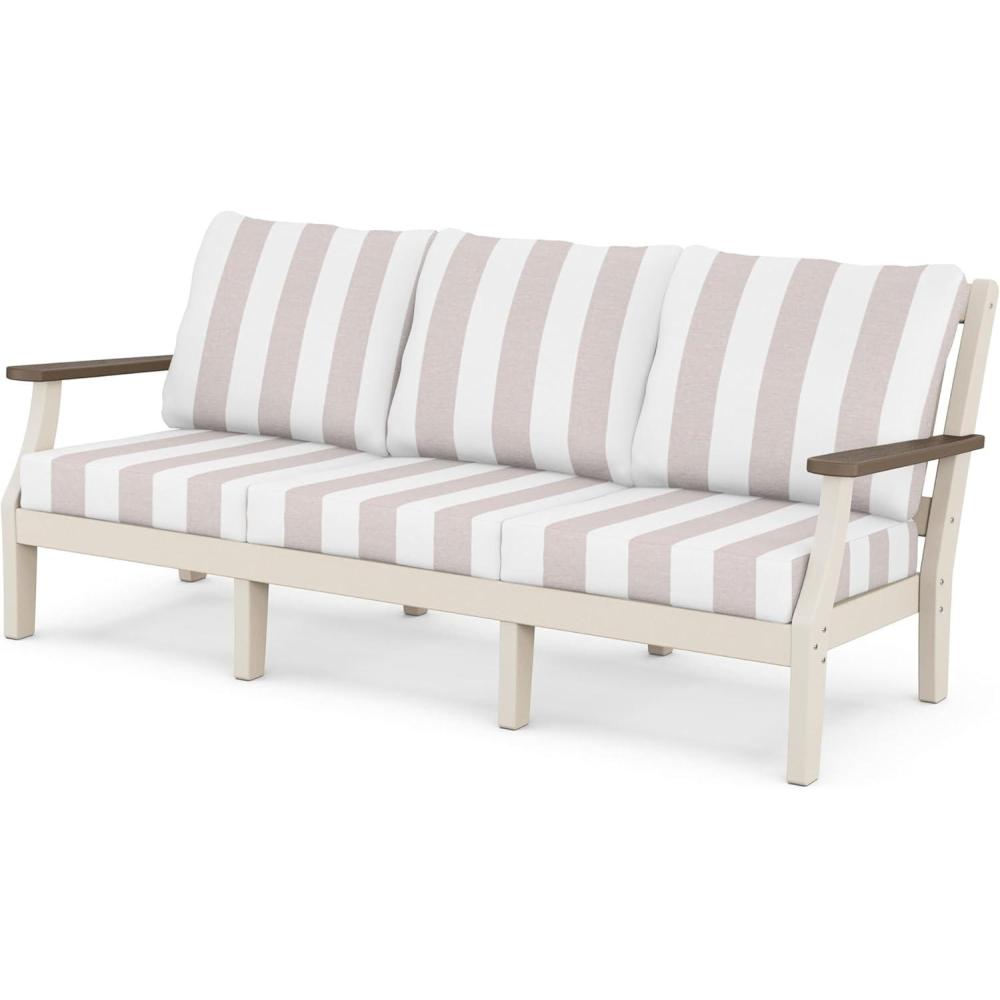 imageMartha Stewart by POLYWOOD Chinoiserie Deep Seating Sofa in WhiteGlacier SpaSand Kona Cabana Stripe Dune Burlap