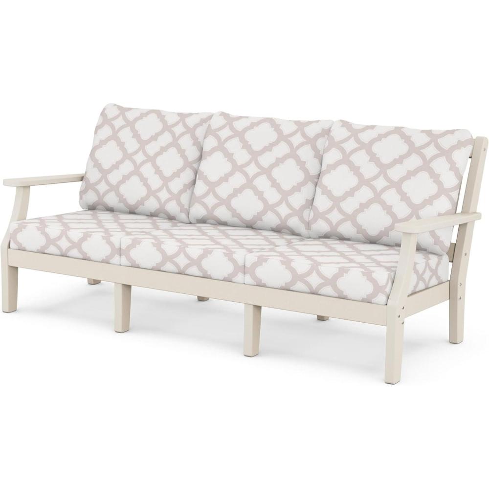 imageMartha Stewart by POLYWOOD Chinoiserie Deep Seating Sofa in WhiteGlacier SpaSand Trellis Dune Burlap