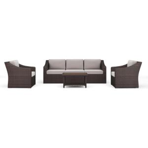 Martha Stewart Bedford 4-Piece Indoor-Outdoor Conversation Set with Sofa, 2 Accent Chairs, and Coffee Table in Brown Rattan Wicker with Tan All-Weather Cushions