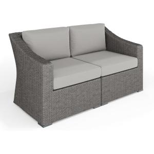 Martha Stewart Bedford Indoor-Outdoor Modular Patio Loveseat with Rattan Wicker Finish in Brown with Tan All-Weather Cushions(Gray Cushions/Gray Frame)