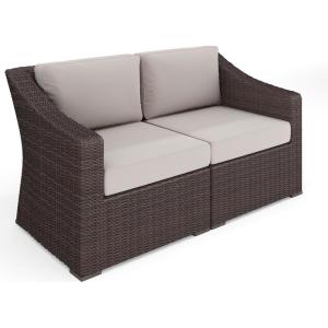 Martha Stewart Bedford Indoor-Outdoor Modular Patio Loveseat with Rattan Wicker Finish in Brown with Tan All-Weather Cushions(Tan Cushions/Brown Frame)
