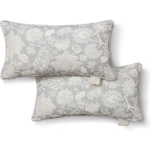 Martha Stewart Distressed Jacobean Indoor Outdoor Decorative Lumbar Pillow 2-Pack Set, UV Fade Resistant, Water Repellent, Printed Floral Design, Grey, 11″x18″(Grey)