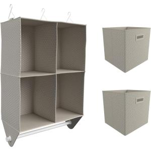 Martha Stewart Essential Closet Home Storage and Organization for Storing Sweaters, Blankets, Handbags, Hanging Shirts Accessories, 4-Shelf Hanging Organizer with 2 Craft Cubes, Cottage Dot