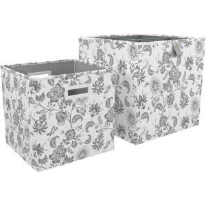 Martha Stewart Essential Collapsible Stackable Decorative Home Storage Cube Organization, Two Piece Set Includes One Front Flap-Lid Storage Organizer and One Craft Cube, Black(Bedford Floral)