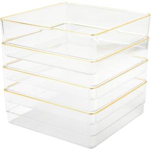 Martha Stewart Kerry Plastic Stackable Office Desk Drawer Organizers, 6″ x 3″, 6 Pack, with Gold Trim(6″ x 6″)