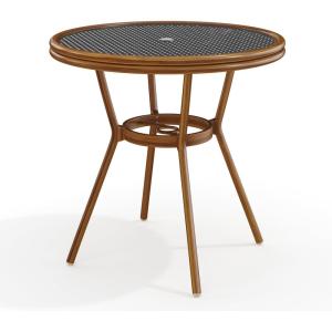 Martha Stewart Lily Pond 31” Round Indoor-Outdoor Bistro Dining Table with Aluminum Frame in Gray Woodgrain and Rattan Top in White/Gray with Tempered Glass Top(Black & White/Natural Frame)