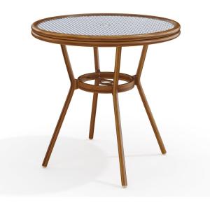 Martha Stewart Lily Pond 31” Round Indoor-Outdoor Bistro Dining Table with Aluminum Frame in Gray Woodgrain and Rattan Top in White/Gray with Tempered Glass Top(Navy & White/Natural Frame)