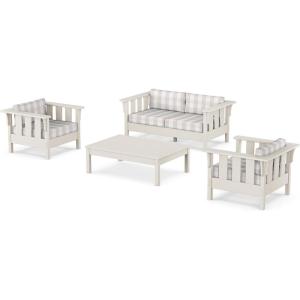 Martha Stewart by POLYWOOD® Acadia 4-Piece Deep Seating Set with Loveseat in Teak/Dune Burlap(Sand / Buffalo Plaid Dune Burlap)