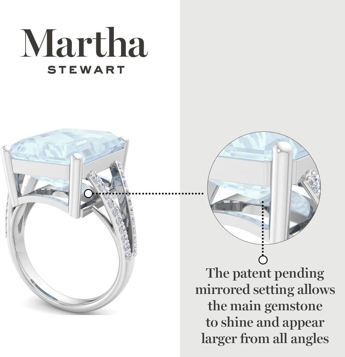 imageMartha Stewart 10 14 Carat Emerald Cut Gemstone Ring with Lab Grown Diamonds in Sterling Silver Choose Your GemstoneAquamarine