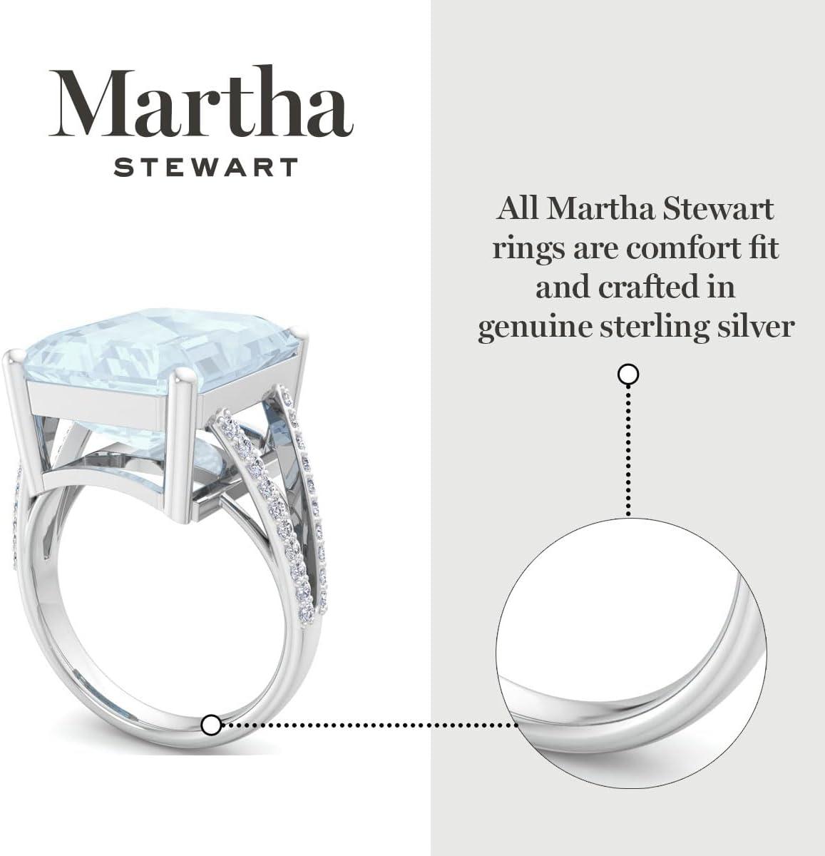 imageMartha Stewart 10 14 Carat Emerald Cut Gemstone Ring with Lab Grown Diamonds in Sterling Silver Choose Your GemstoneAquamarine