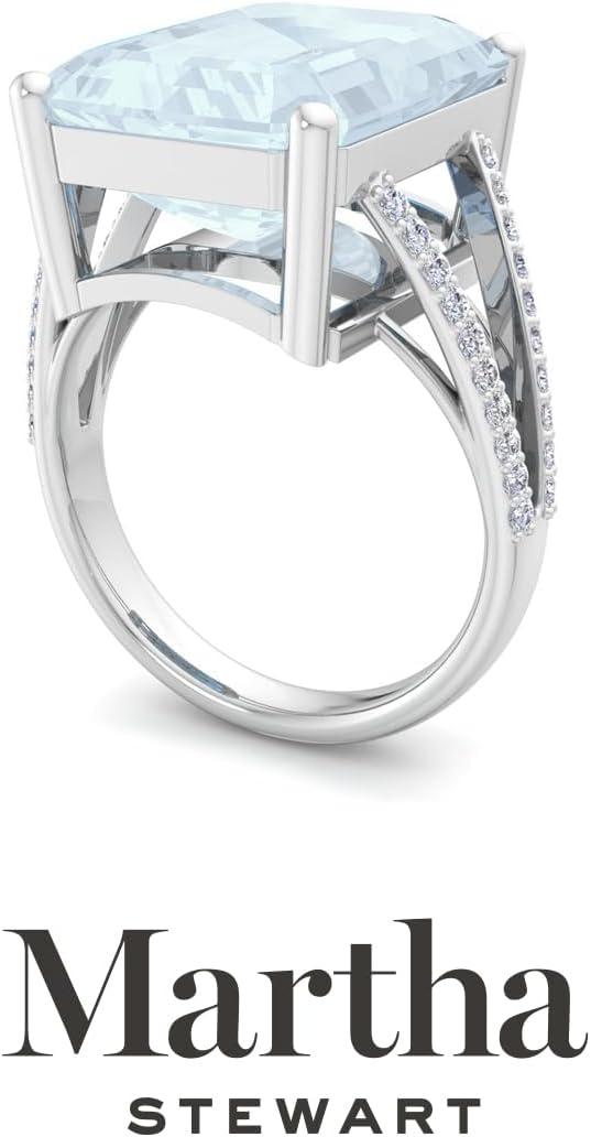 imageMartha Stewart 10 14 Carat Emerald Cut Gemstone Ring with Lab Grown Diamonds in Sterling Silver Choose Your GemstoneAquamarine
