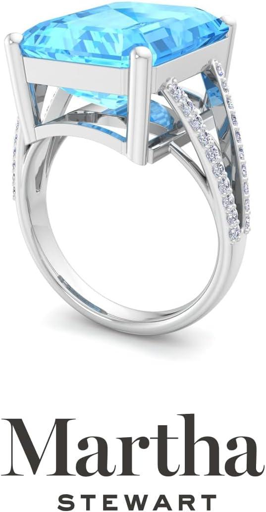 imageMartha Stewart 10 14 Carat Emerald Cut Gemstone Ring with Lab Grown Diamonds in Sterling Silver Choose Your GemstoneBlue Topaz