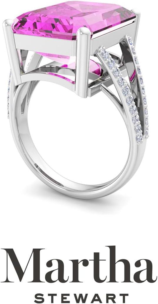 imageMartha Stewart 10 14 Carat Emerald Cut Gemstone Ring with Lab Grown Diamonds in Sterling Silver Choose Your GemstonePink Sapphire