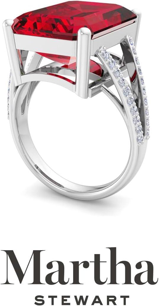 imageMartha Stewart 10 14 Carat Emerald Cut Gemstone Ring with Lab Grown Diamonds in Sterling Silver Choose Your GemstoneRuby