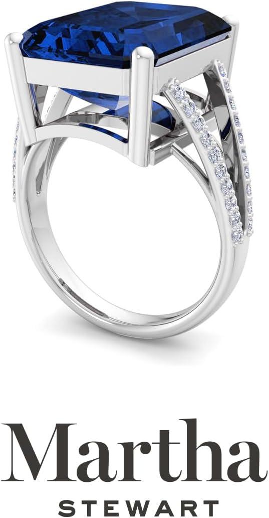 imageMartha Stewart 10 14 Carat Emerald Cut Gemstone Ring with Lab Grown Diamonds in Sterling Silver Choose Your GemstoneSapphire