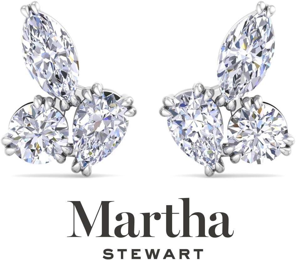 imageMartha Stewart 3 Carat Lab Grown Diamond Cluster Stud Earrings Marquise Round Pear Shapes in 14K Goldwhitegold