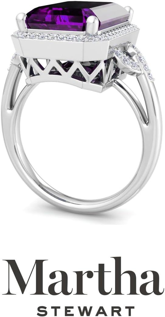 imageMartha Stewart 7 13 Carat Emerald Cut Gemstone Halo Ring with Lab Grown Diamonds in Sterling Silver Choose Your GemstoneAmethyst