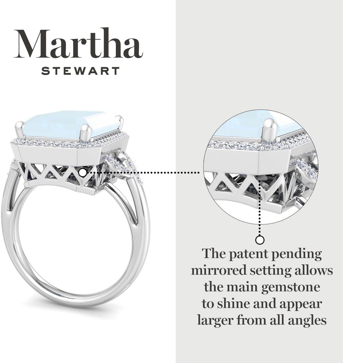 imageMartha Stewart 7 13 Carat Emerald Cut Gemstone Halo Ring with Lab Grown Diamonds in Sterling Silver Choose Your GemstoneAquamarine