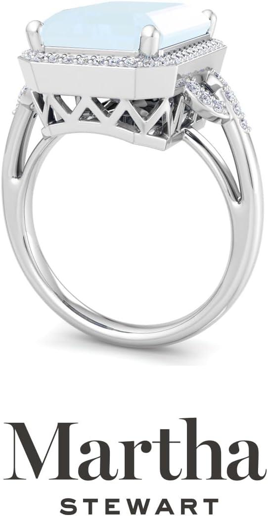 imageMartha Stewart 7 13 Carat Emerald Cut Gemstone Halo Ring with Lab Grown Diamonds in Sterling Silver Choose Your GemstoneAquamarine