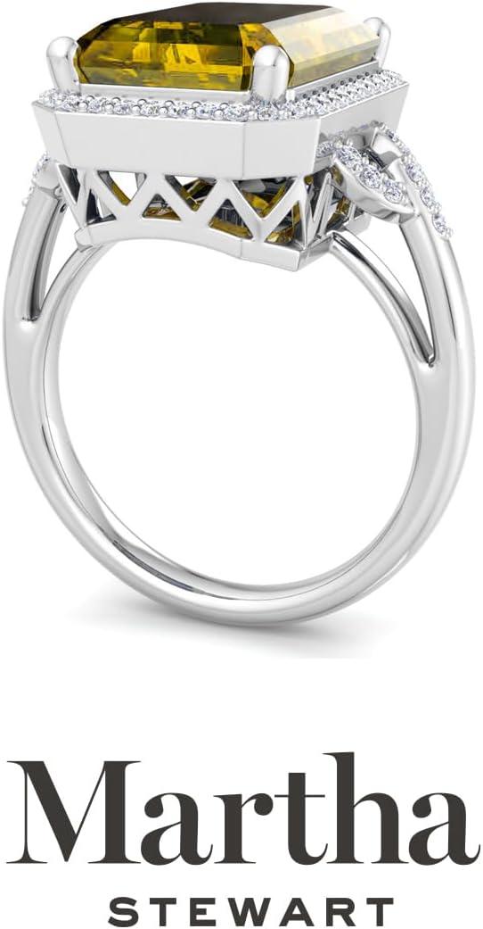 imageMartha Stewart 7 13 Carat Emerald Cut Gemstone Halo Ring with Lab Grown Diamonds in Sterling Silver Choose Your GemstoneCitrine