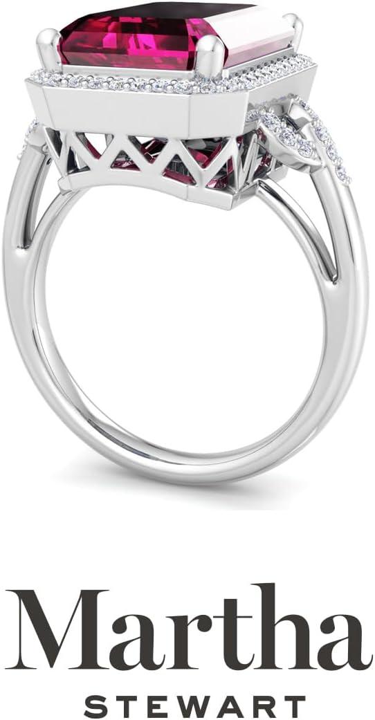 imageMartha Stewart 7 13 Carat Emerald Cut Gemstone Halo Ring with Lab Grown Diamonds in Sterling Silver Choose Your GemstonePink Sapphire
