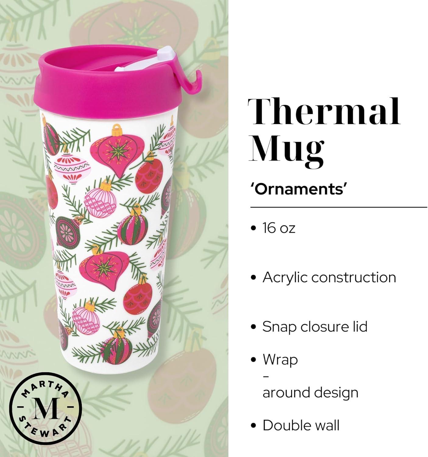imageMartha Stewart Acrylic Thermal Mug 16 oz Insulated Holiday Mug with Festive Design Durable Lightweight Travel Coffee Cup for Hot Drinks Cocoa Tea Ornaments