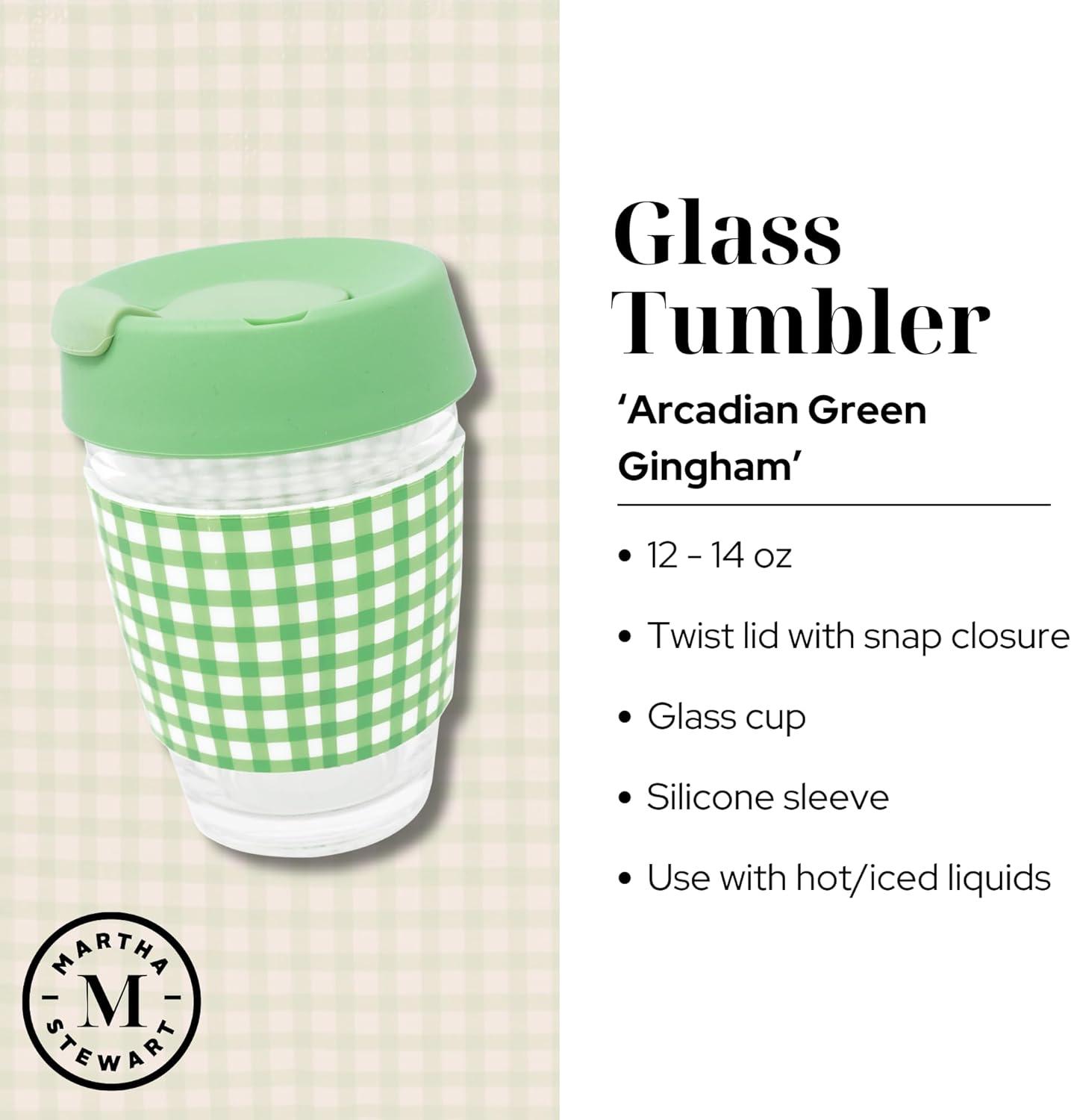 imageMartha Stewart Glass Tumbler 12 Ounce Travel Coffee Mug with Splashproof Lid amp Green Gingham Silicone Sleeve Hot or Cold Beverages Arcadian Green Gingham