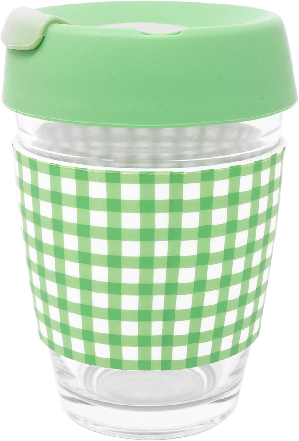 imageMartha Stewart Glass Tumbler 12 Ounce Travel Coffee Mug with Splashproof Lid amp Green Gingham Silicone Sleeve Hot or Cold Beverages Arcadian Green Gingham