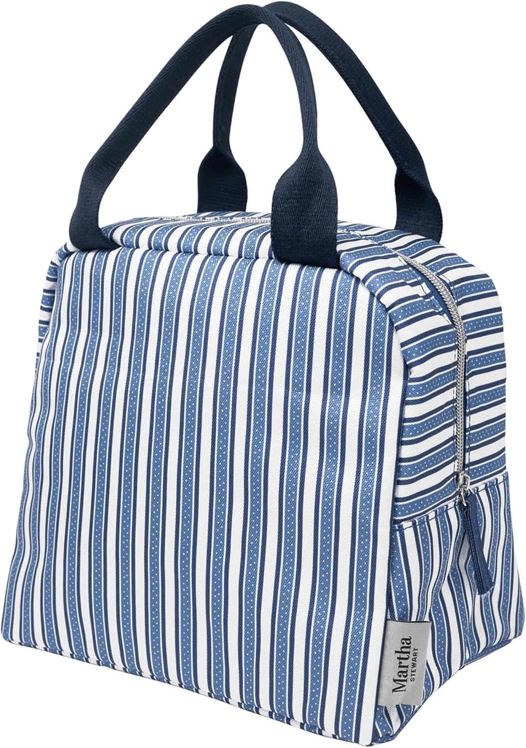 imageMartha Stewart Insulated Lunch Box for Women Spacious Lunch Tote 11 x 65 x 135 Comfortable Carrying Straps amp Storage Pocket Deep Ultramarine Stripe