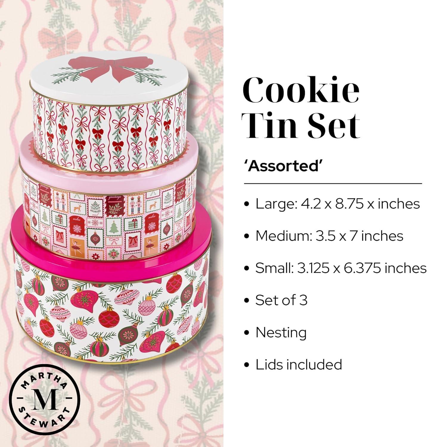imageMartha Stewart Metal Cookie Tins 3Piece Nesting Set Small Medium amp Large Christmas Containers for Gift amp Storage Ornaments and Bows