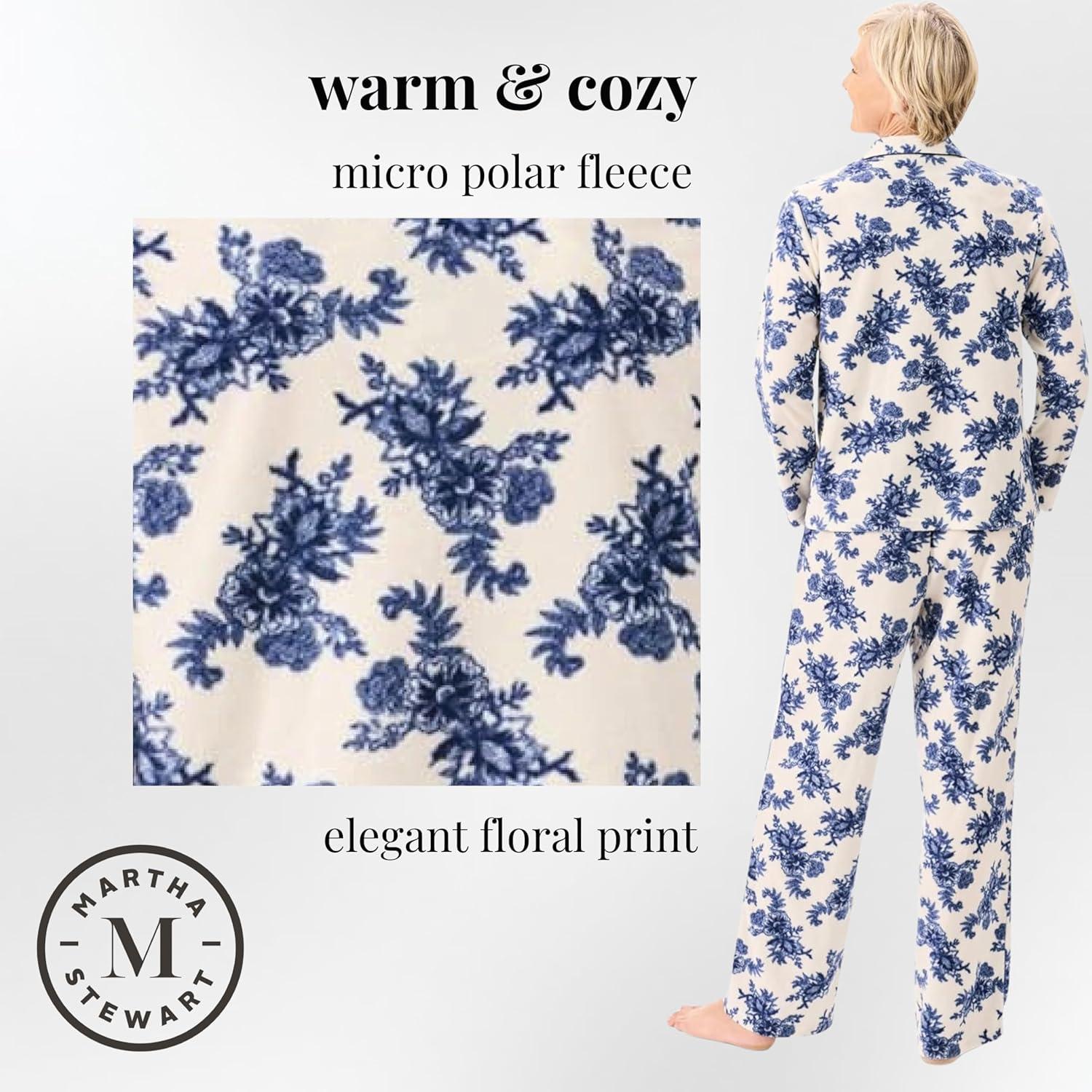 imageMartha Stewart Microfleece Sleepwear for Women Cozy 2Piece Notch Collar Pajama Set Buttery Soft Warm LoungewearEgret