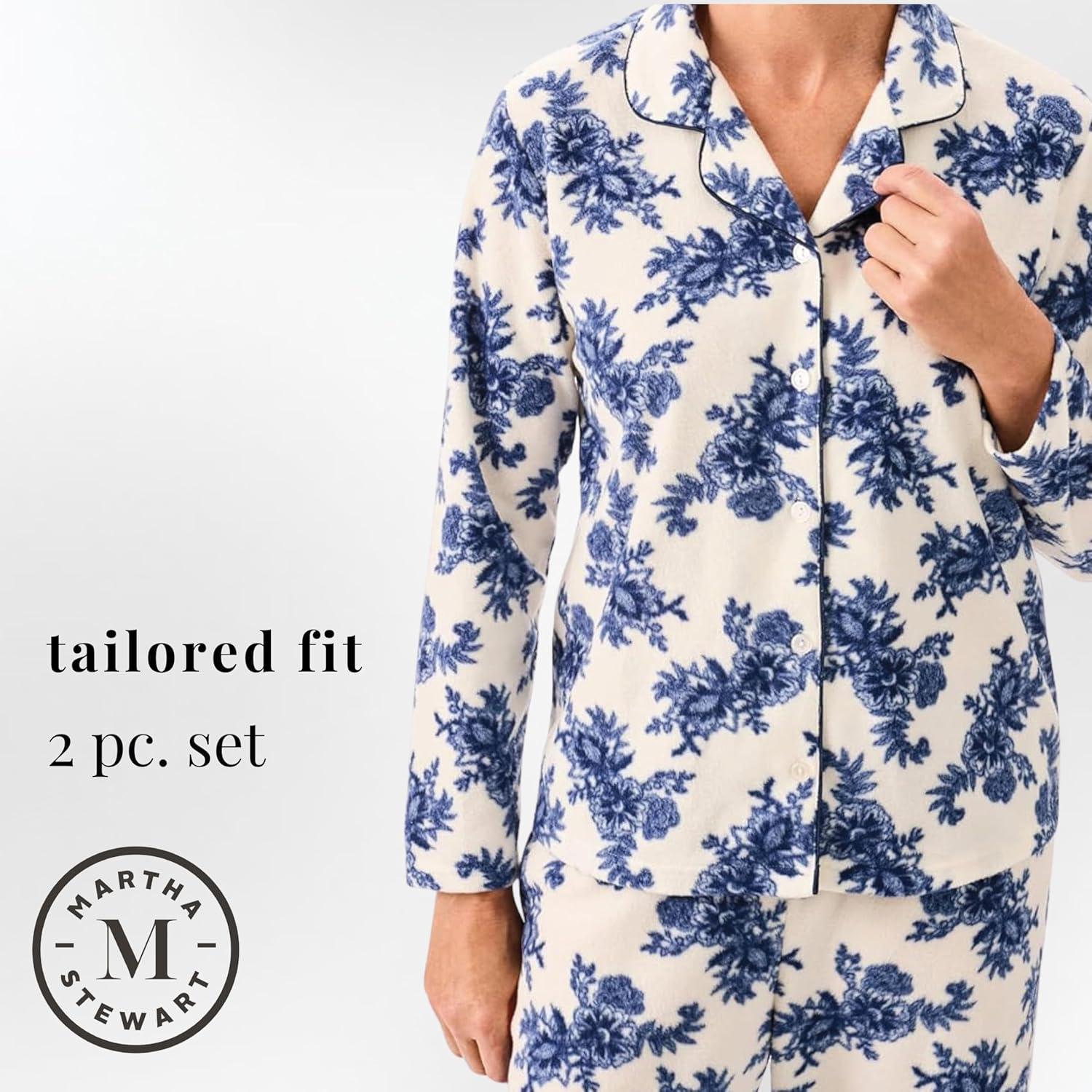 imageMartha Stewart Microfleece Sleepwear for Women Cozy 2Piece Notch Collar Pajama Set Buttery Soft Warm LoungewearEgret
