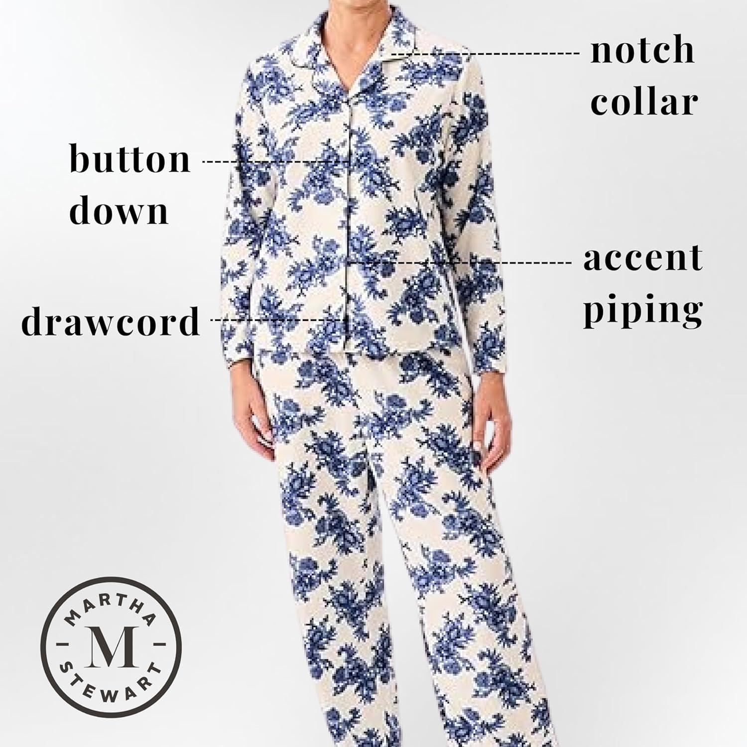 imageMartha Stewart Microfleece Sleepwear for Women Cozy 2Piece Notch Collar Pajama Set Buttery Soft Warm LoungewearEgret