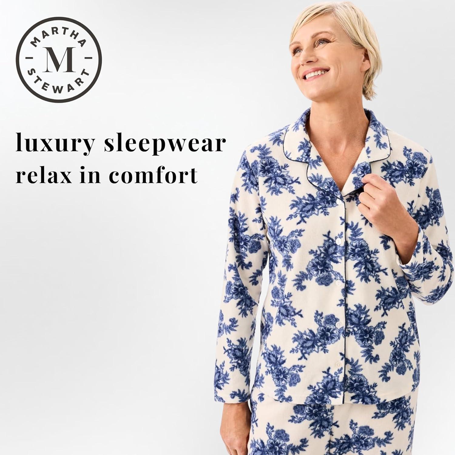 imageMartha Stewart Microfleece Sleepwear for Women Cozy 2Piece Notch Collar Pajama Set Buttery Soft Warm LoungewearEgret
