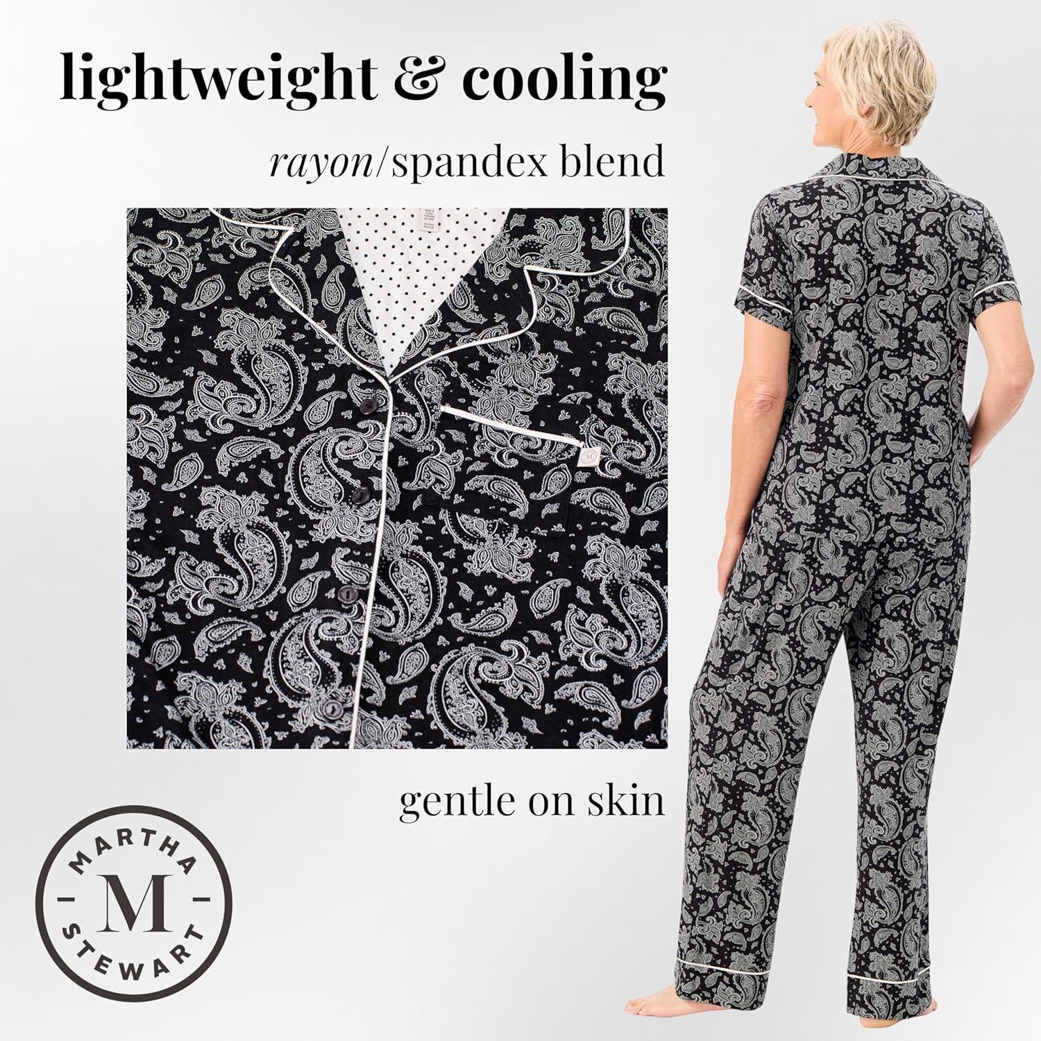 imageMartha Stewart Pajamas for Women Luxury 2Piece Set Short Sleeve VNeck ButtonDown Soft Breathable ComfortDark Paisley